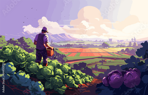 Farm landscape with agriculture field and farmer with crate of vegetables. Worker collecting harvest on plantation. Man in farmland with box of cabbages. Flat vector illustration of agronomist