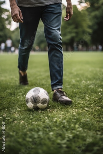 cropped shot of an unrecognizable man playing soccer in the park