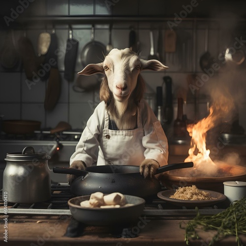 Goat wearing a chef s suit cooking in the kitchen