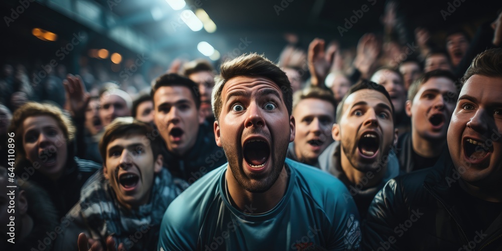 Soccer fans cheering for favourite team with bright emotions. Generative AI