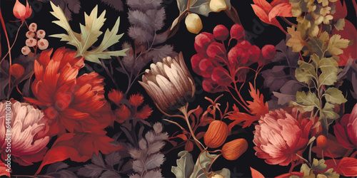 Wallpaper Mural Colorful floral pattern, thistles, leaves, mushrooms in autumnal hues on a dark background