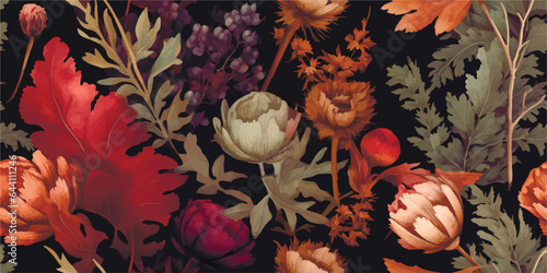 Картината върху платно Colorful floral pattern, thistles, leaves, mushrooms in autumnal hues on a dark background