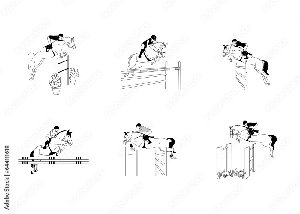 Equestrian sports, show jumping, athletes overcome obstacles, black and white vectorEquestrian sports, show jumping, athletes overcome obstacles, black and white vectorм