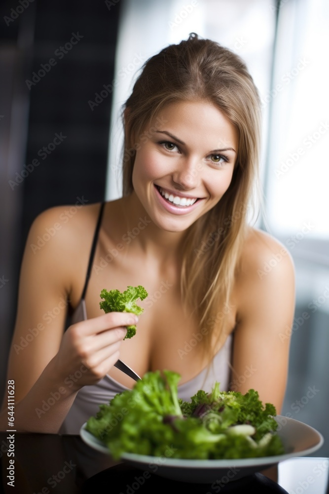 portrait of a happy young woman eating salad in a kitchen using her hands portrait of a happy young woman eating salad in a kitchen using her hands