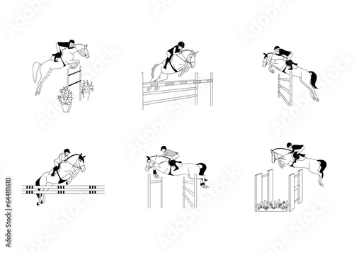 Equestrian sports, show jumping, athletes overcome obstacles, black and white vectorEquestrian sports, show jumping, athletes overcome obstacles, black and white vectorм