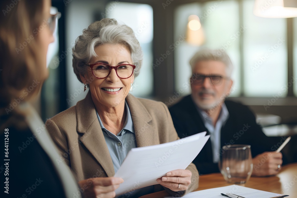 Fototapeta premium Mature business woman manager consulting older man client holding legal documents at meeting. generative AI