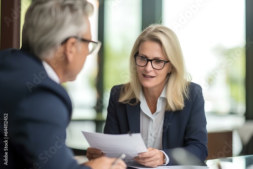 Mature business woman manager consulting older man client holding legal documents at meeting. generative AI