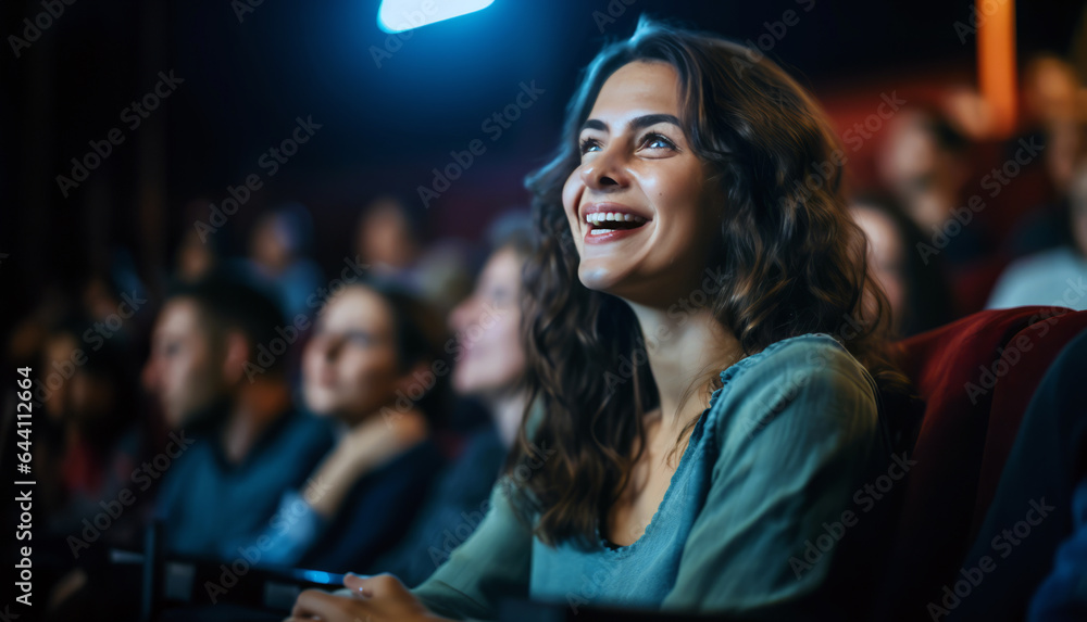 A woman sitting alone in a theater, fully engrossed in a movie or live performance. Her laughter and happiness radiate, showcasing a sense of independence and fulfillment while single.