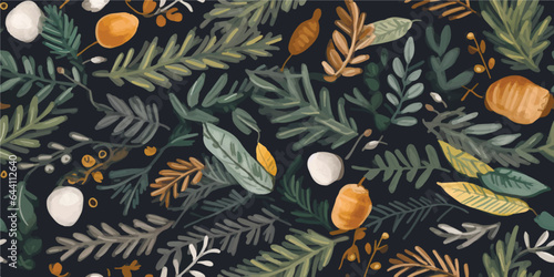 Seamless pattern. Hand drawn vector illustrations - Forest Autumn collection. Spruce branches, acorns, pine cones, fall leaves. Design elements for invitations, greeting cards, quotes, prints, fabric
