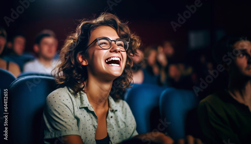 A woman sitting alone in a theater, fully engrossed in a movie or live performance. Her laughter and happiness radiate, showcasing a sense of independence and fulfillment while single. © InputUX