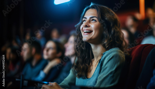 A woman sitting alone in a theater, fully engrossed in a movie or live performance. Her laughter and happiness radiate, showcasing a sense of independence and fulfillment while single.