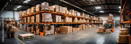 Retail warehouse with shelves on which are cardboard boxes, a store warehouse or a sorting room for product delivery, banner