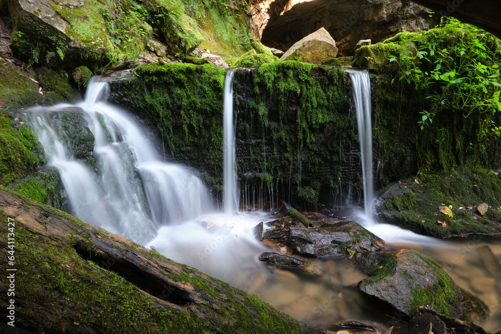 Fototapeta premium A small water fall surrounded by greenery and green moss. This is a long exposure so the water is smooth and flowing. The image was taken at a nature preserve in Indiana.