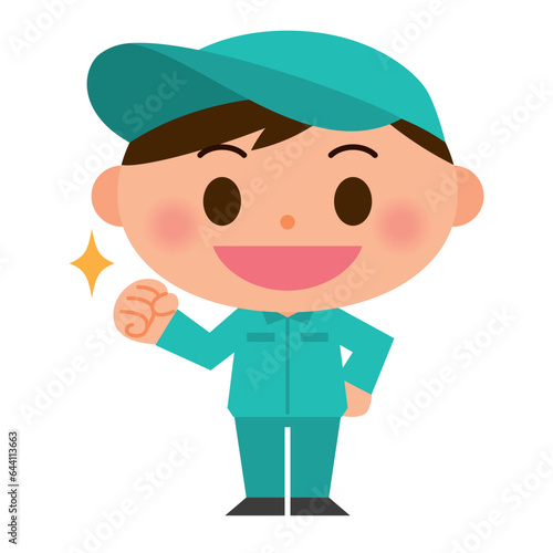 ガッツポーズ　作業着を着た男性