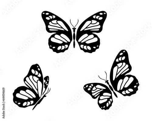 Black butterfly silhouette icon vector illustration set. Isolated insect cutout pictogram