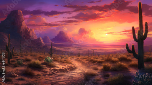 Desert Sunset  Vibrant Orange  Pink  and Purple Sky  AI Generated 8K.