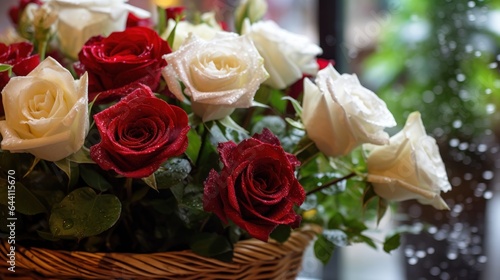 Bouquet of red and white roses in a wicker basket. Mother s day concept with a space for a text. Valentine day concept with a copy space.