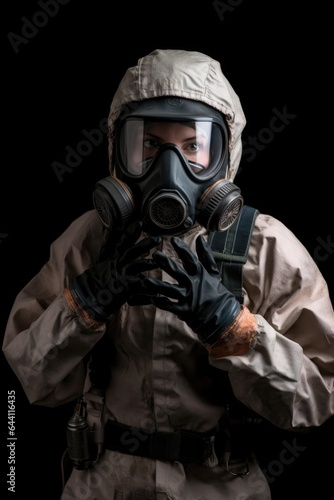 studio shot of a scientist wearing a gas mask and protective suit against a black background