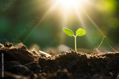 Tableau sur toile a close-up macro photo of a young green tree plant sprout growing up from the black soil, sunshine shinning a light