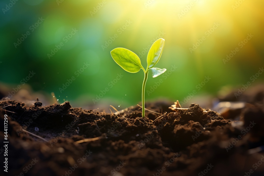 a close-up macro photo of a young green tree plant sprout growing up from the black soil, sunshine shinning a light, human hand adding water. Growth new life concept. a close-up macro photo of a young green tree plant sprout growing up from the black soil, sunshine shinning a light, human hand adding water. Growth new life concept.