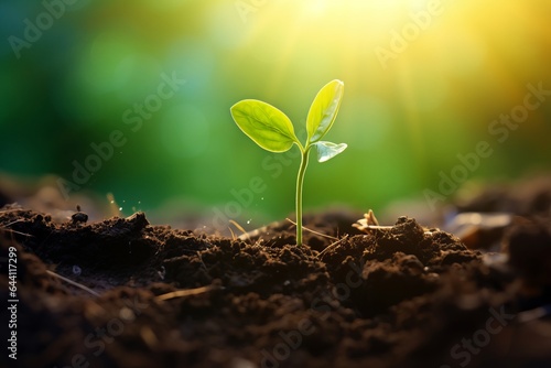 a close-up macro photo of a young green tree plant sprout growing up from the black soil, sunshine shinning a light, human hand adding water. Growth new life concept. © Romana