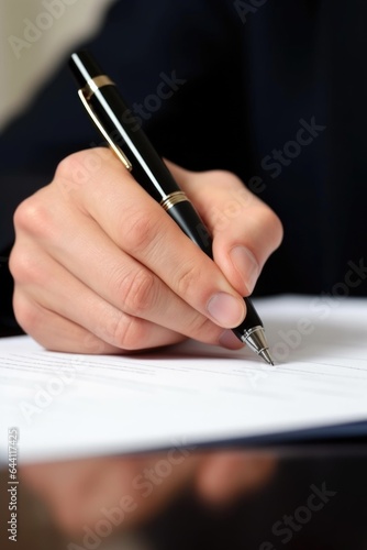 hmd, hands and pen writing paper for signing contract, legal or quality check