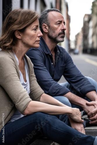cropped shot of a couple sitting on the pavement outside
