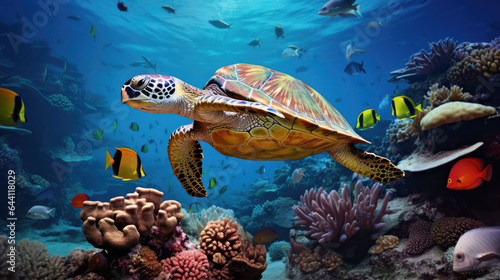 Turtle with group of colorful fish and sea animals with colorful coral underwater in ocean. AI Generative © Nhan