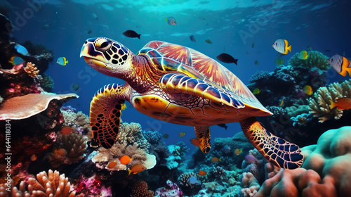 Turtle with group of colorful fish and sea animals with colorful coral underwater in ocean. AI Generative © Nhan
