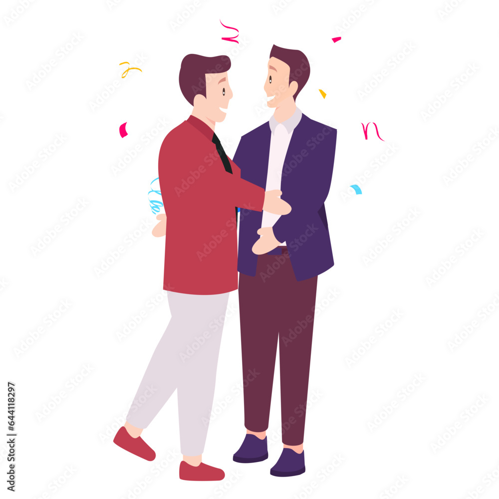 Two boys smile and hug concept, boys hugging best friends happy smiling vector icon design, Life satisfaction symbol, positive and pleasant emotion scene sign Recognition and Appreciation illustration