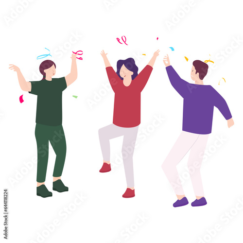 Happy dancing among friends at the party concept, Smiling diverse people having fun vector icon design, Life satisfaction symbol, positive and pleasant emotion scene sign, Subjective well-being stock 