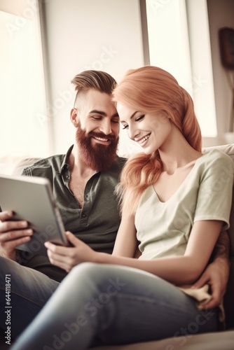 shot of a happy young couple sitting on the sofa and using a digital tablet
