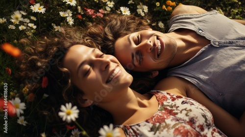 A couple in flowers field lying on a grass meadow © DLC Studio