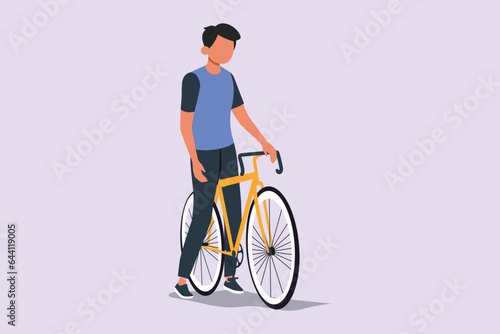 People riding bikes on city street concept. Colored flat vector illustration isolated. 