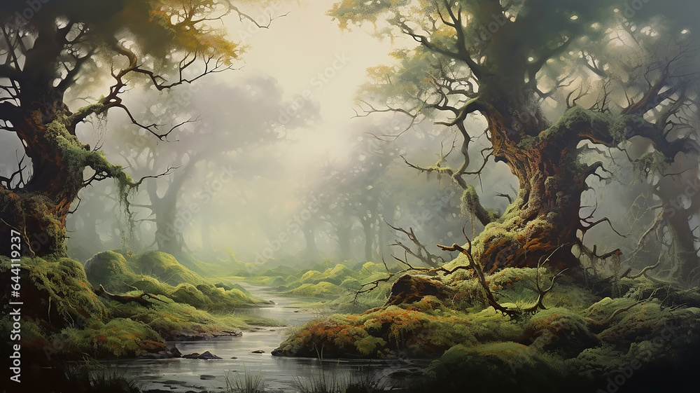 landscape huge old oaks in the swamp oil paint delicate colors paintings on canvas. - obrazy, fototapety, plakaty 