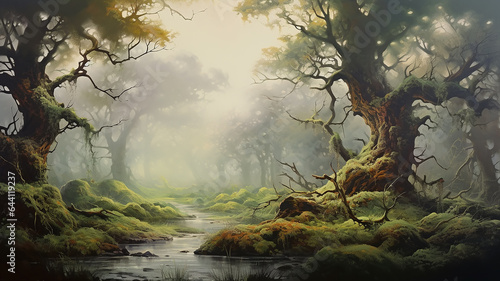 landscape huge old oaks in the swamp oil paint delicate colors paintings on canvas.