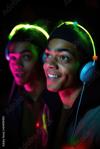 cropped shot of two young men having some fun with glowsticks at a silent disco photo