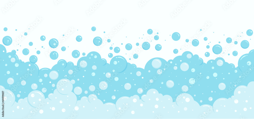 Bubble soap background, cartoon water foam, bath pattern. Shower border. Soda, shampoo, laundry suds, wash frame. Underwater, fizz drink, carbonated splash, blue soft cloud. Clean vector illustration