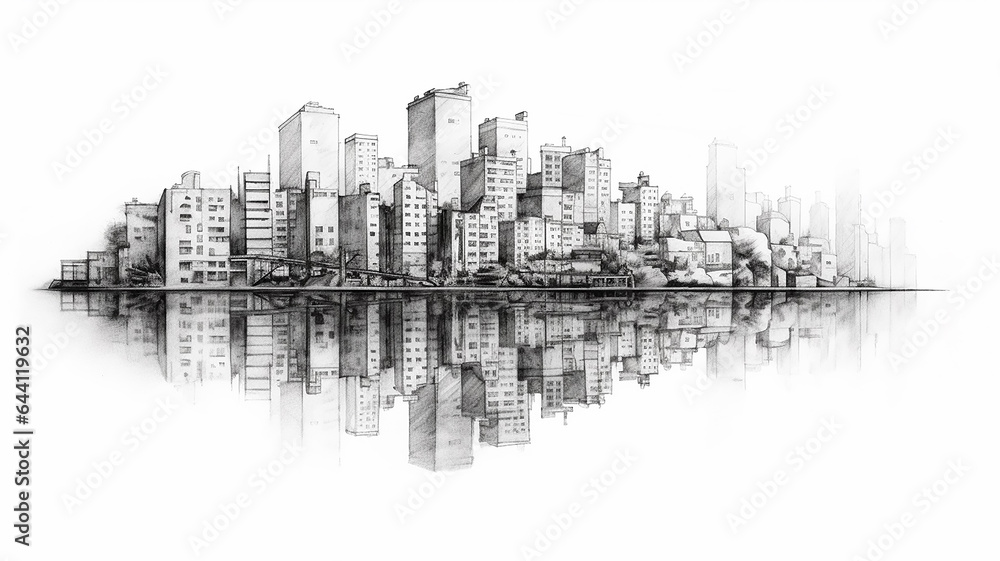black and white sketch city with reflection drawing in watercolor pencil.
