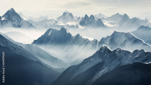 panorama landscape of mountains snowy peaks of rocks in fog and clouds.
