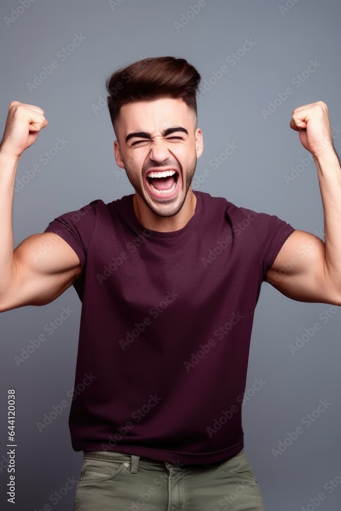 cropped shot of a handsome young man cheering while posing in studio cropped shot of a handsome young man cheering while posing in studio