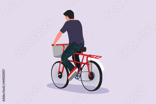People riding bikes on city street concept. Colored flat vector illustration isolated. 