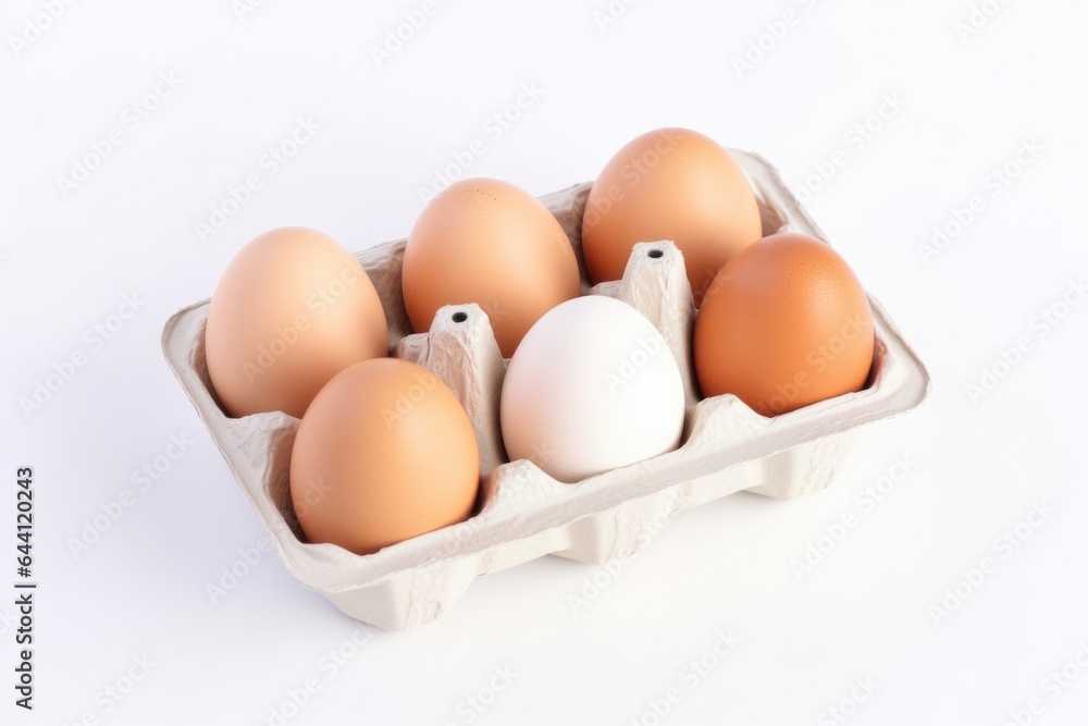 Fresh raw chicken eggs in carton box on white background