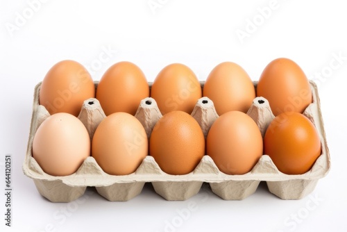 Fresh raw chicken eggs in carton box on white background © DenisNata