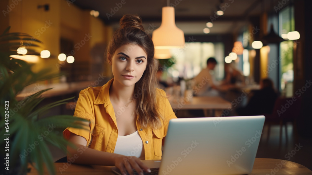 A young woman working on a laptop, a girl freelancer, or student with a computer in the cafe at a table A young woman working on a laptop, a girl freelancer, or student with a computer in the cafe at a table