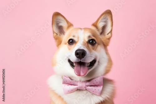 Group portrait photography of a funny norwegian lundehund wearing a cute bow tie against a pastel pink background. With generative AI technology