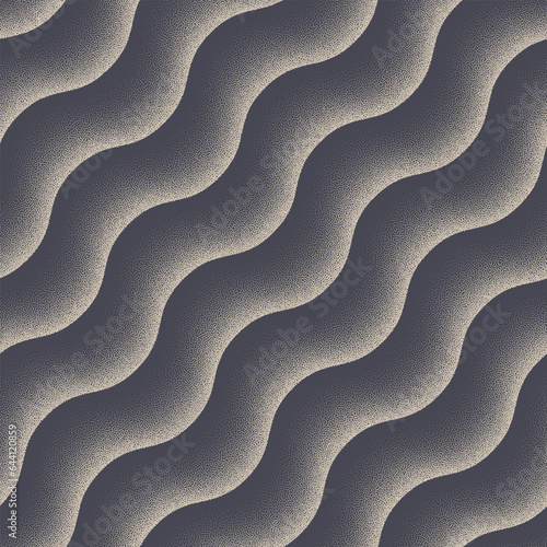 Smooth Wavy Tilted Lines Striped Seamless Pattern Vector Dot Work Abstraction. Graphic Curved Stripes Motif Loopable Abstract Background. Grain Textured Repetitive Wallpaper. Halftone Art Illustration