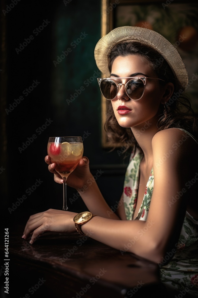 an attractive young woman relaxing with a cocktail and sunglasses on to protect her eyes an attractive young woman relaxing with a cocktail and sunglasses on to protect her eyes