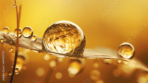 a drop of golden dew on a leaf eco concept.