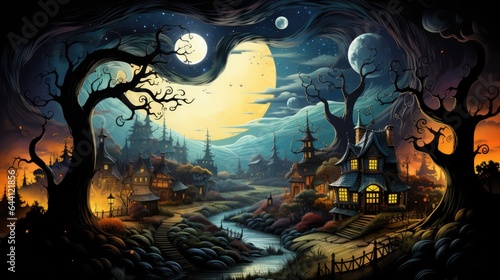 A painting of a town at night with a full moon. Digital image. Halloween landscape.